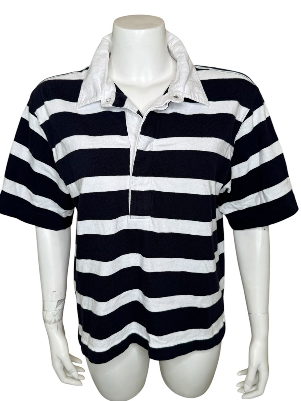 AYR All Year Round Rugby Stripe Polo Shirt L Collared Short Sleeve Navy White